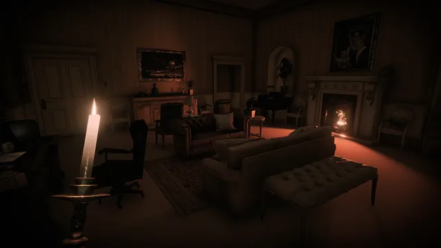 Don't Knock Twice screenshot: a candle held in the foreground of a dim manor living room with a fire burning