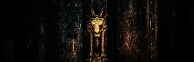 Don't Knock Twice key art: a brass goat-head door knocker on an old dark wooden door