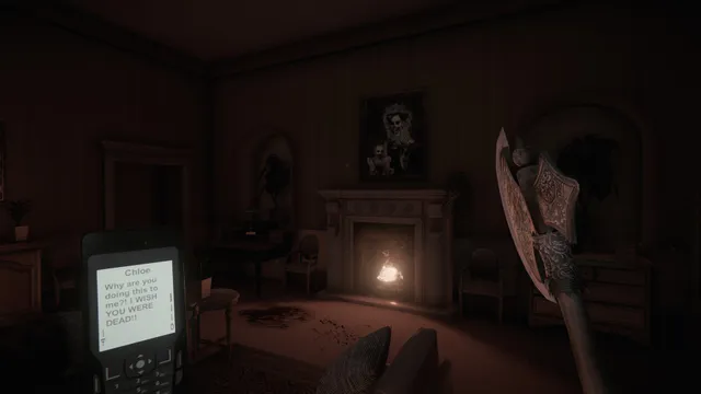Don't Knock Twice screenshot: a phone shows a message from Chloe reading I wish you were dead, while the player holds an axe in a dark drawing room