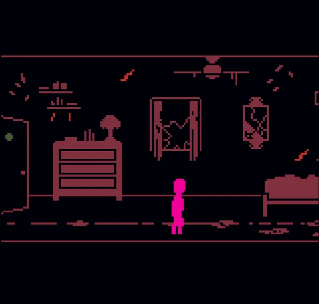Don't Let Her In screenshot: a framed pink portrait of a girl whose face is blacked out, with a blue band across the corner