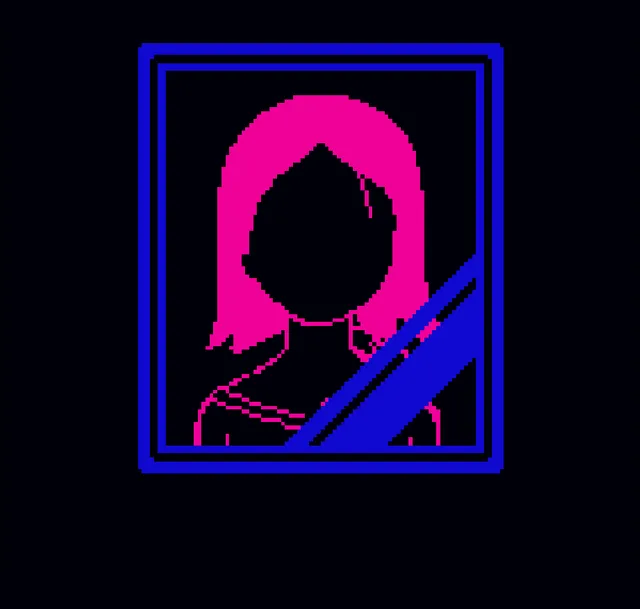 Don't Let Her In screenshot: a long-haired woman with a wide smile seen through a window, drawn in blue pixels