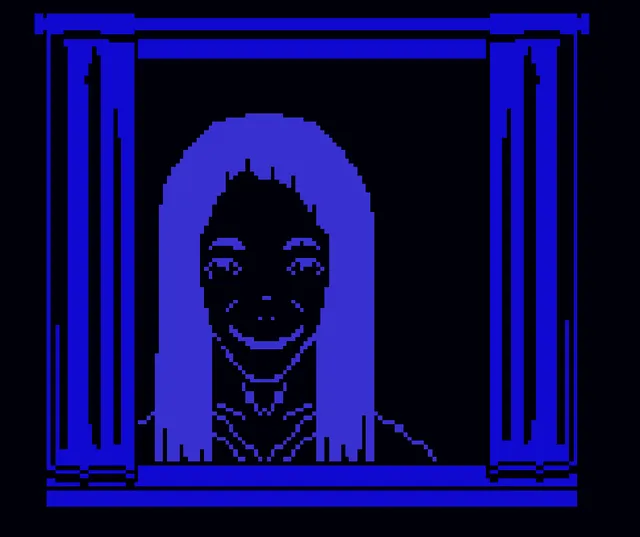 Don't Let Her In screenshot: a small pink figure in a dark red room with a dresser, a window and a sofa