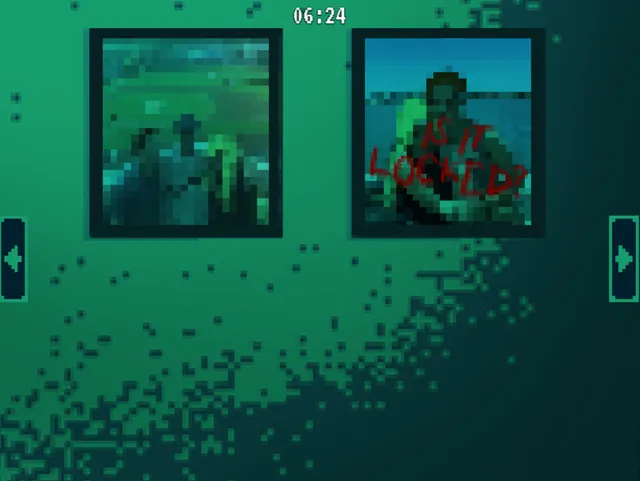 Don't Let It Out screenshot: two pictures on a green wall, one with red writing scrawled across it, with a clock reading 06:24