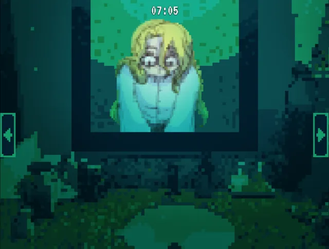 Don't Let It Out screenshot: a pale blonde figure with wide eyes stares from a mirror in a murky green room, with a clock reading 07:05