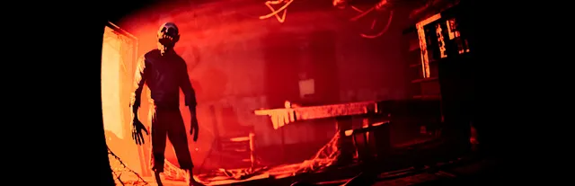 Don't Play This key art: a gaunt figure stands in a red-lit doorway of a ruined room