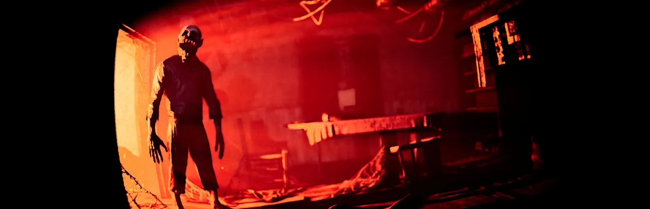 Don't Play This key art: a gaunt figure stands in a red-lit doorway of a ruined room