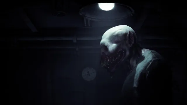 A pale creature with a torn, bloody mouth leans into the light of a dark basement