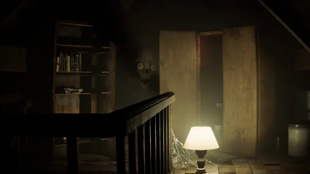 A dim attic landing with a small lamp, an open wardrobe and a mask-like face on the wall