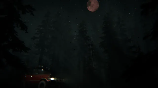 A red car with its headlights on in a dark pine forest under a blood-red moon