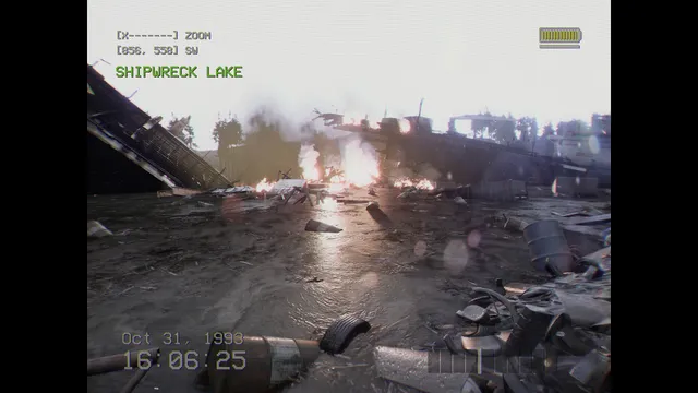 DON'T SCREAM screenshot: burning wreckage on the shore of Shipwreck Lake, filmed on the camcorder