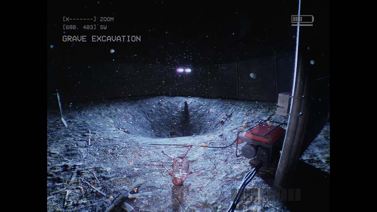 DON'T SCREAM screenshot: a camcorder view of a grave excavation at night, a red skeletal figure on the dirt beside a generator, dated Oct 31 1993