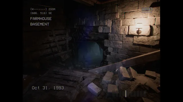 DON'T SCREAM screenshot: a lamp-lit farmhouse basement with a hole broken in the stone wall, in camcorder view