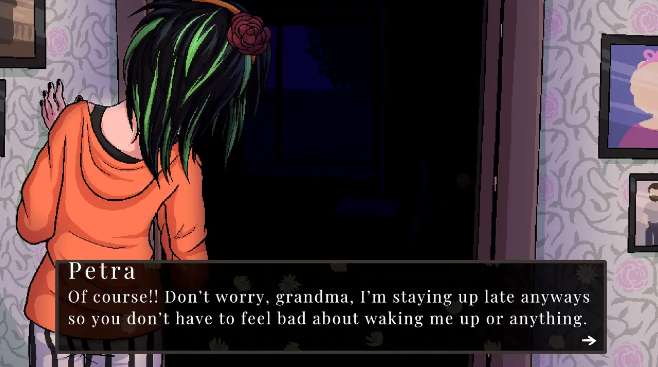 Petra, a girl with green and black hair in an orange hoodie, stands at a dark doorway telling her grandma she is staying up late