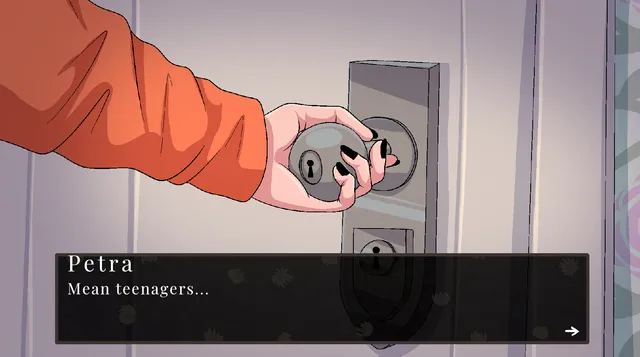 Close-up of Petra's hand turning a door knob, with her line about mean teenagers