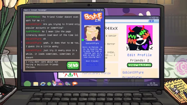 Petra's laptop screen with a Best-E instant messenger chat and a profile page, the clock reading 10 PM on 31/10/2006