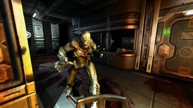 A grey-skinned demon stalks toward the player through a blood-stained corridor of the Mars base