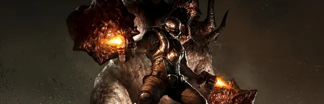 DOOM 3 key art: an armoured marine fighting a huge horned demon lit by orange fire