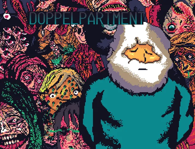 Doppelpartment cover: the white-bearded building manager in front of a crowd of grotesque, distorted tenant faces