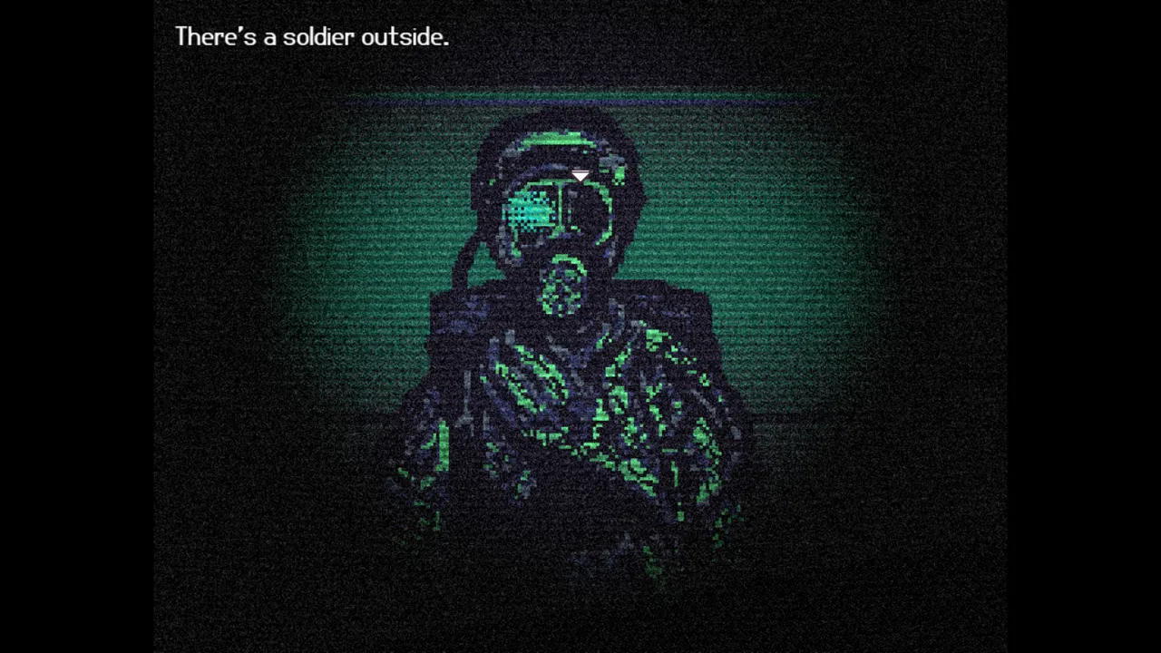 Doppelpartment screenshot: a soldier in a gas mask lit green in the dark, with the line There's a soldier outside