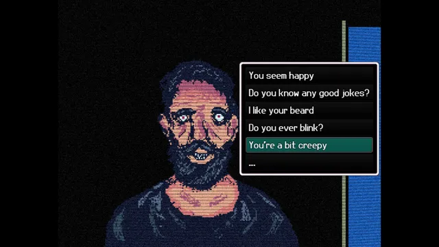 Doppelpartment screenshot: a staring bearded tenant at his door with choices from You seem happy to You're a bit creepy