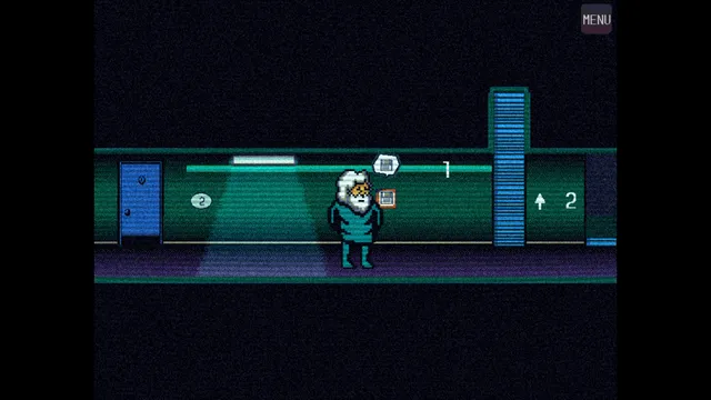 Doppelpartment screenshot: the old manager walking a dim green corridor of numbered apartment doors