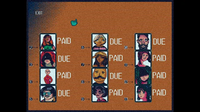 Doppelpartment screenshot: the rent board with tenants' portraits marked PAID or DUE