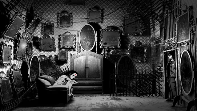 Downfall screenshot: a room crammed with tilted mirrors and frames, a pale girl crouched on a sofa and a man watching from a doorway