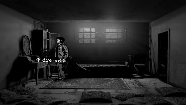 Downfall screenshot: Joe stands in a bare, grimy hotel room next to a dresser hotspot