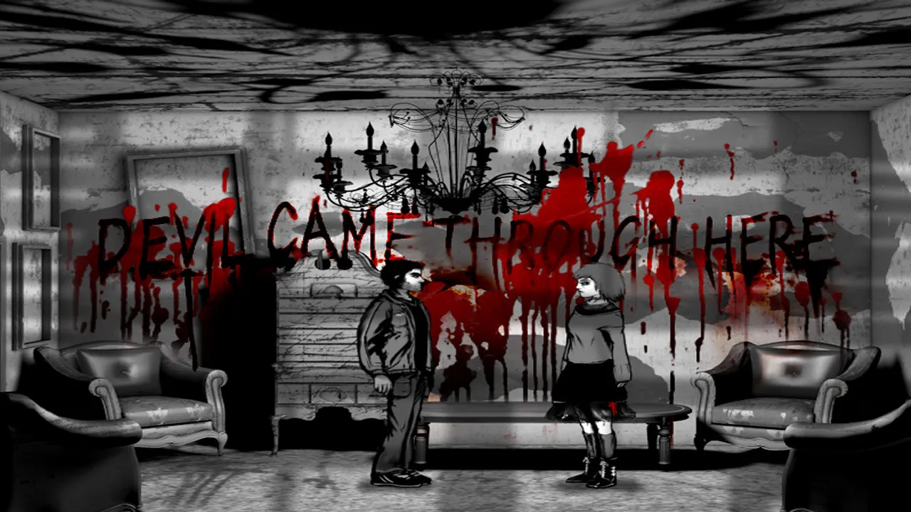 Downfall screenshot: Joe and a woman stand in a hotel lounge under the words Devil Came Through Here written in blood on the wall