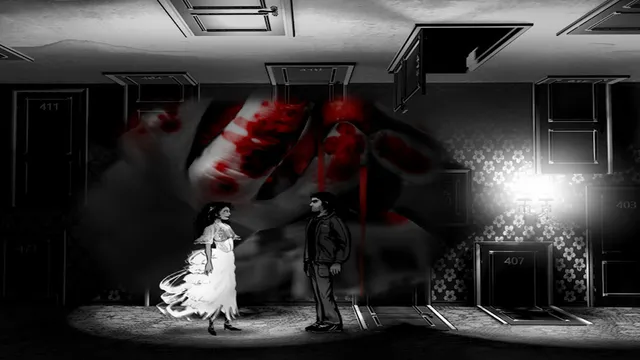 Downfall screenshot: Joe and a woman in white in a hotel corridor of numbered doors, with a bloody hand smeared across the scene