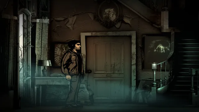 Downfall screenshot: Joe in a dim green-lit hallway beside a wooden door, a staircase and strange paintings