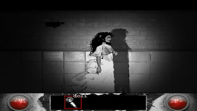 Downfall screenshot: a woman in a white dress against a tiled wall under a harsh light, a doll in the inventory bar flanked by red eyes
