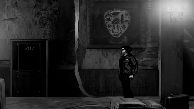 Downfall screenshot: Joe in a hotel corridor outside room 207, below a painting of a distorted face