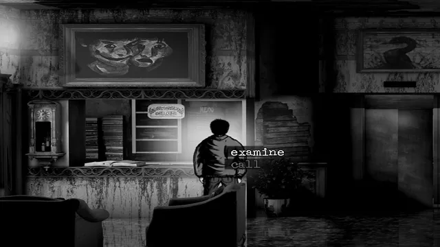 Downfall screenshot: Joe at a shabby hotel reception desk, with examine and call options shown beside him