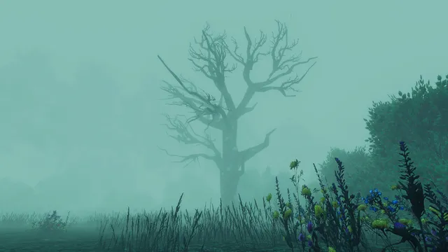 A bare, twisted tree looming in thick green fog over wild flowers