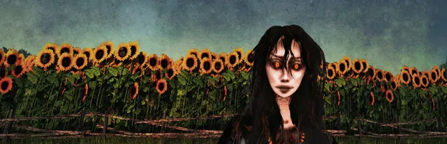 Dread Fields key art: a pale woman with burning eyes and dark hair in front of a field of sunflowers