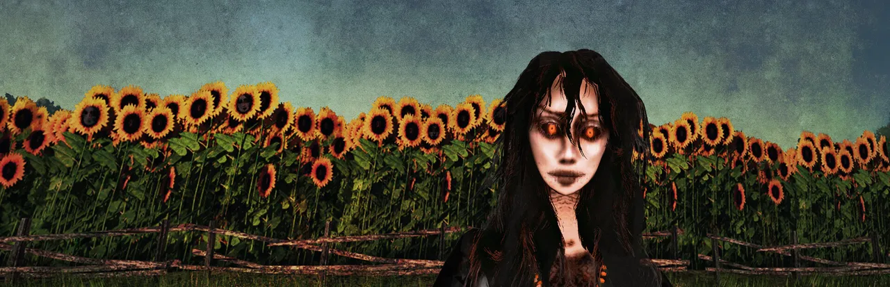 Dread Fields key art: a pale woman with burning eyes and dark hair in front of a field of sunflowers