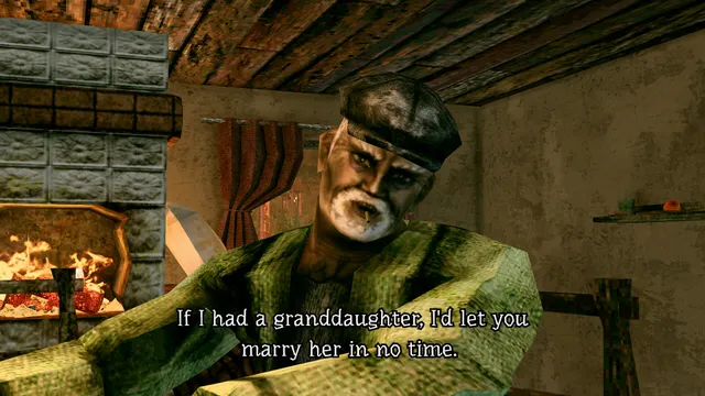 The old man who sold the farm sits by a stove, with a subtitle about a granddaughter