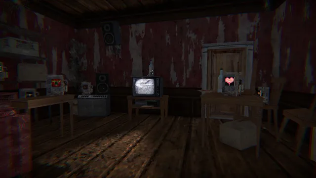 The launcher room: a small TV showing static on a stand, surrounded by locked tape cases on tables in a peeling red room