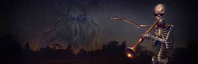 Dread X Collection 2 key art: a skeleton in sunglasses playing a trumpet, a tentacle-faced giant rising over a dark forest behind