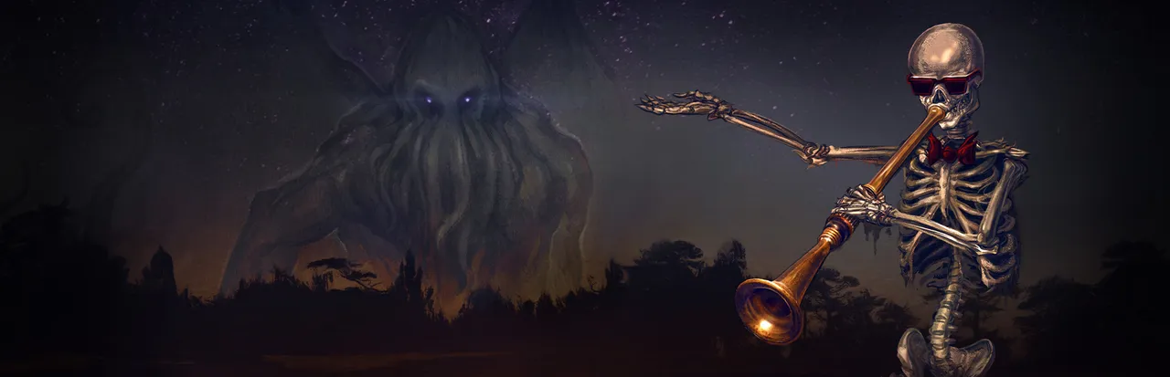 Dread X Collection 2 key art: a skeleton in sunglasses playing a trumpet, a tentacle-faced giant rising over a dark forest behind