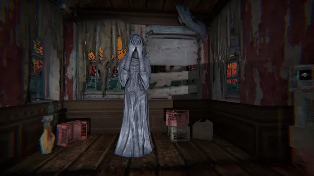A hooded stone statue covering its face with its hands in the run-down launcher room