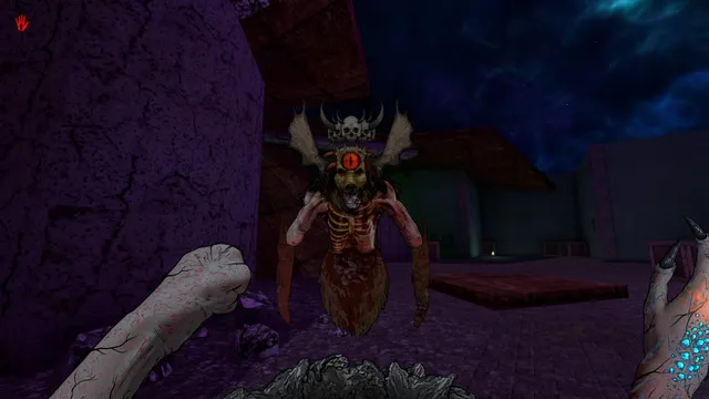 A winged creature with horns, a skull crown and a single red eye faces the player's clawed hands under a starry sky