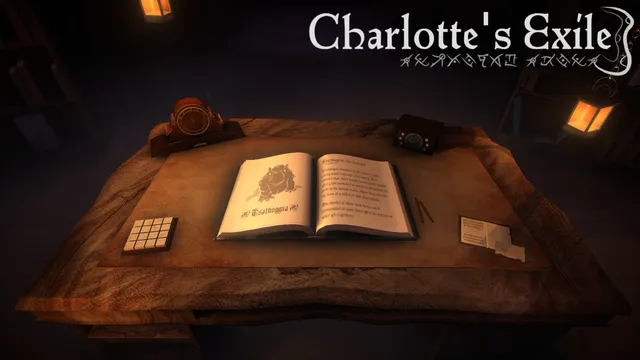 Charlotte's Exile title screen: an old book about Tsathoggua open on a desk by a clock and a lantern