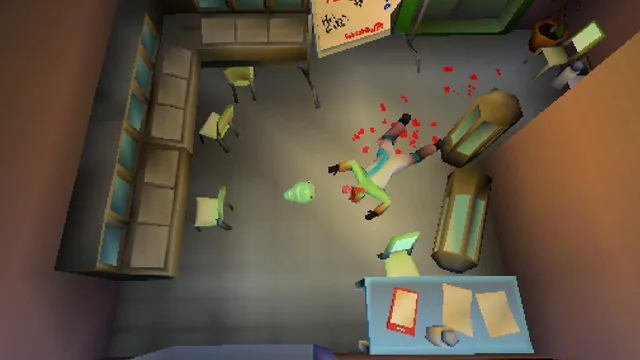 Dread X Collection 3 screenshot: a top-down low-poly room with a body lying in spattered blood