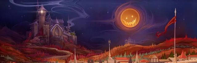 Dread X Collection 3 key art: a castle on a red autumn hillside under a grinning jack-o'-lantern moon
