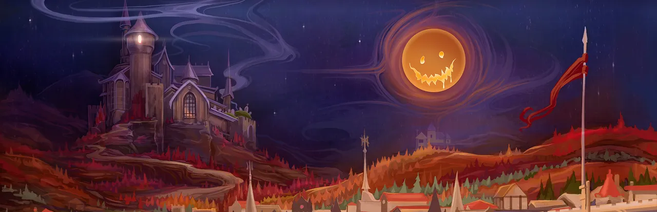 Dread X Collection 3 key art: a castle on a red autumn hillside under a grinning jack-o'-lantern moon