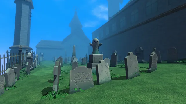 Dread X Collection 3 screenshot: a misty castle graveyard with a smiling ghost statue among the headstones