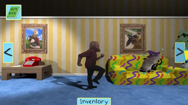 Dread X Collection 3 screenshot: a full-motion-video man runs past a rat in a witch's hat on a striped sofa