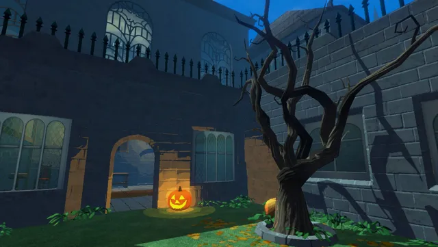 Dread X Collection 3 screenshot: a glowing jack-o'-lantern beside a twisted tree in the castle courtyard